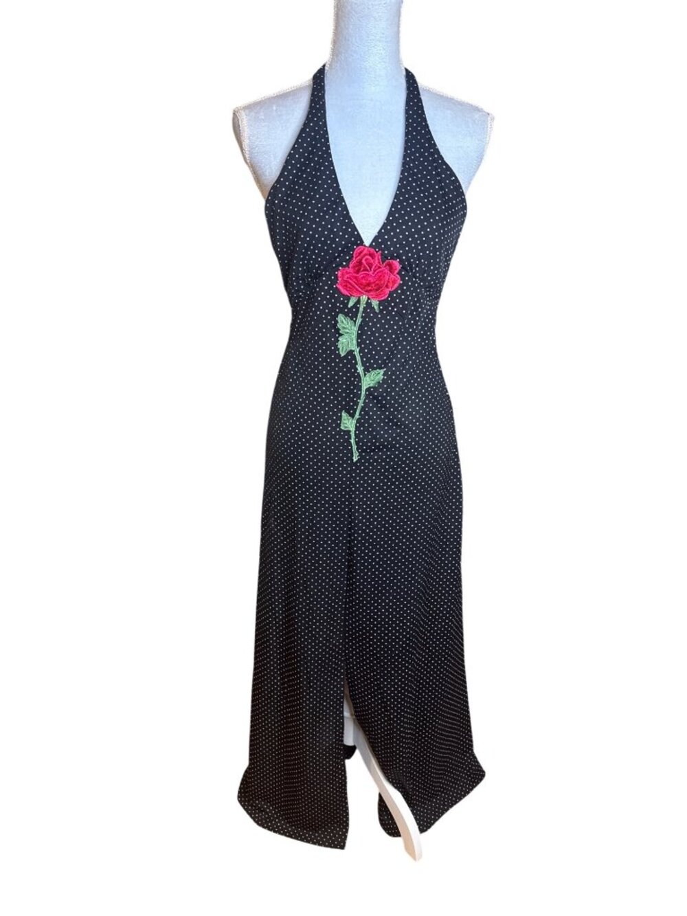 Vintage Y2K Black Polka Dot Halter Maxi Dress Rose Applique Slit Fairycore S